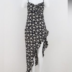 Black Floral Asymmetrical Midi Dress